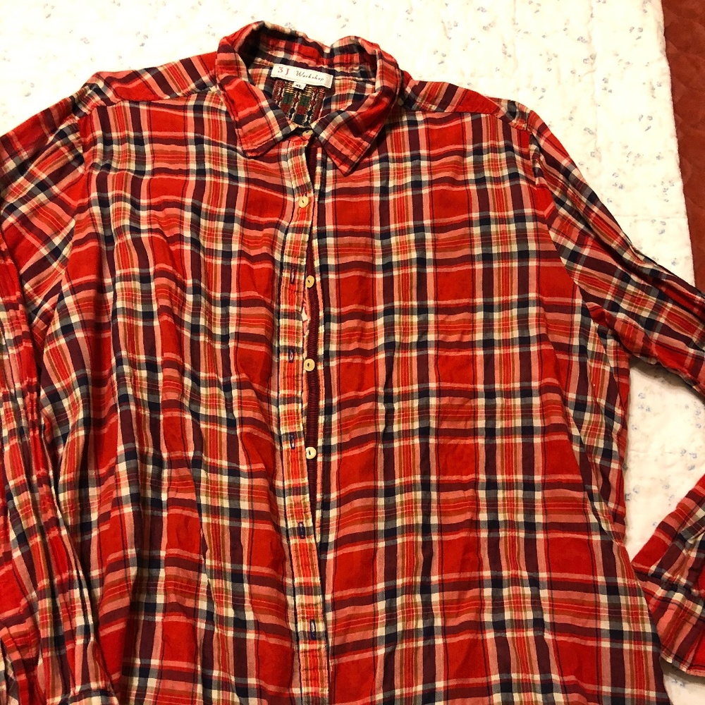 3J Workshop (Johnny Was) cotton plaid/silk top